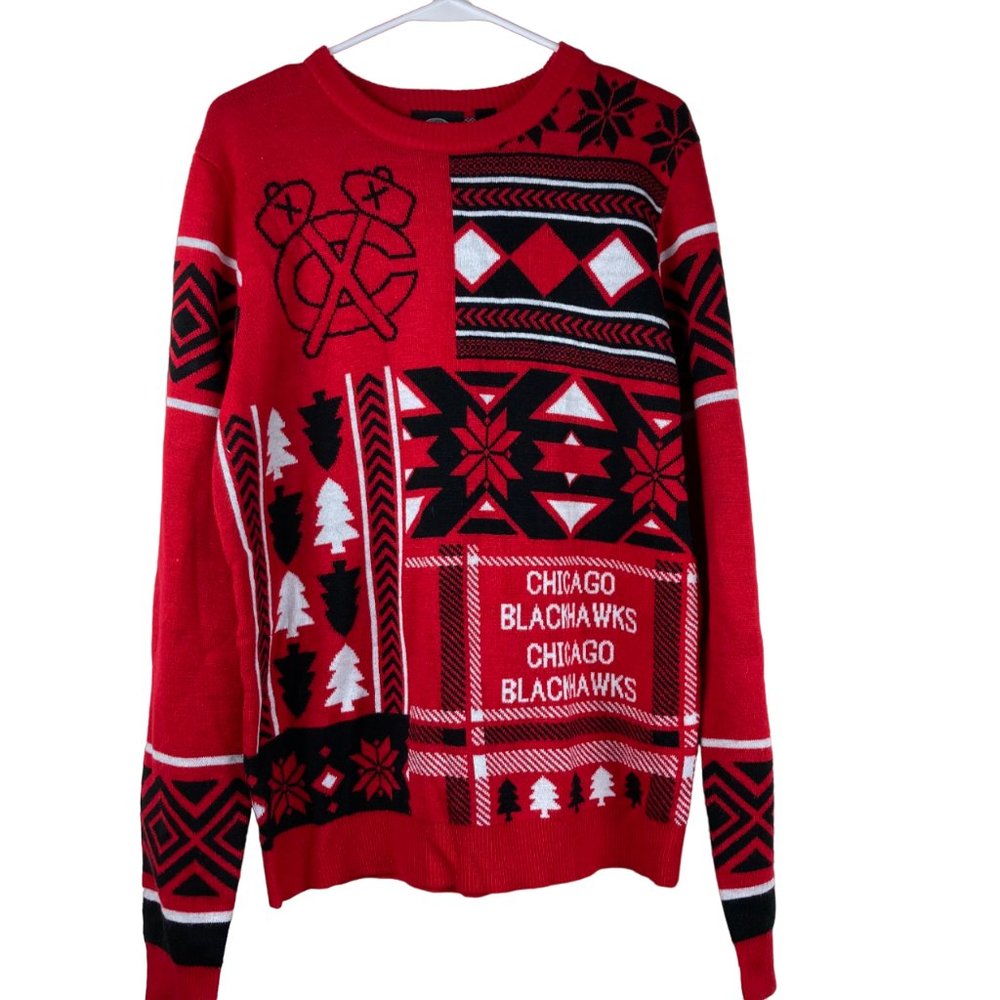 NHL Chicago Blackhawks Sweater Men's M‎ Red Black Christmas Holiday Hockey